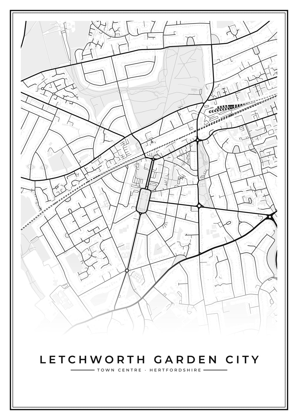 Street map poster of Letchworth Garden City town centre, Hertfordshire