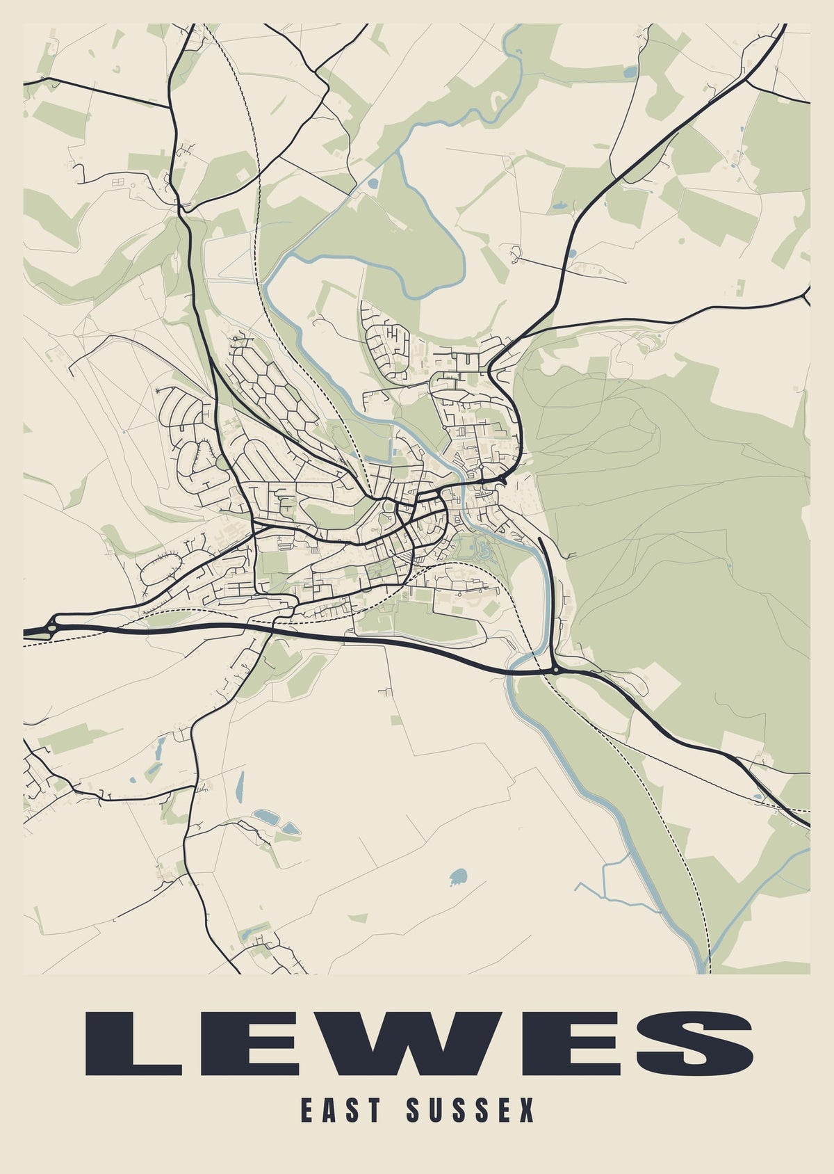 Street map poster of Lewes, East Sussex