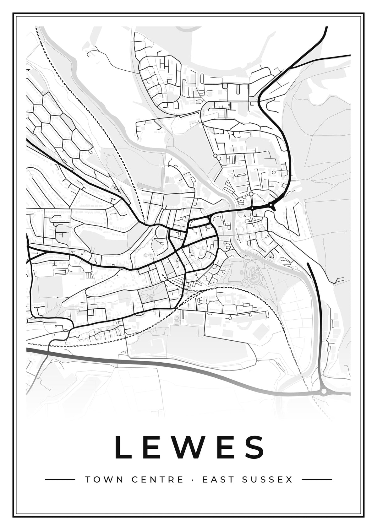 Street map poster of Lewes town centre, East Sussex