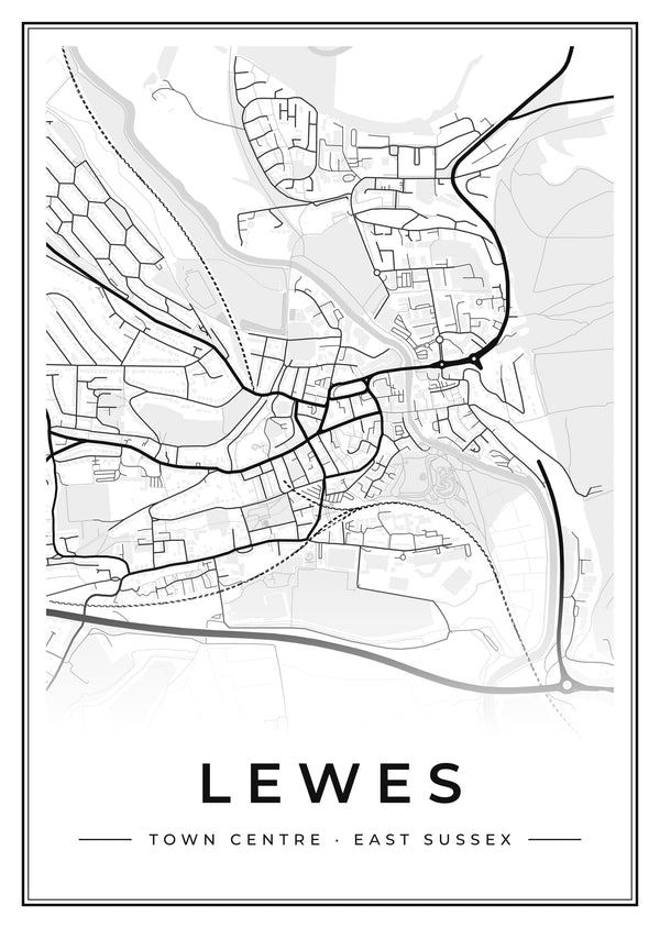 Lewes Town Centre Street Map Poster