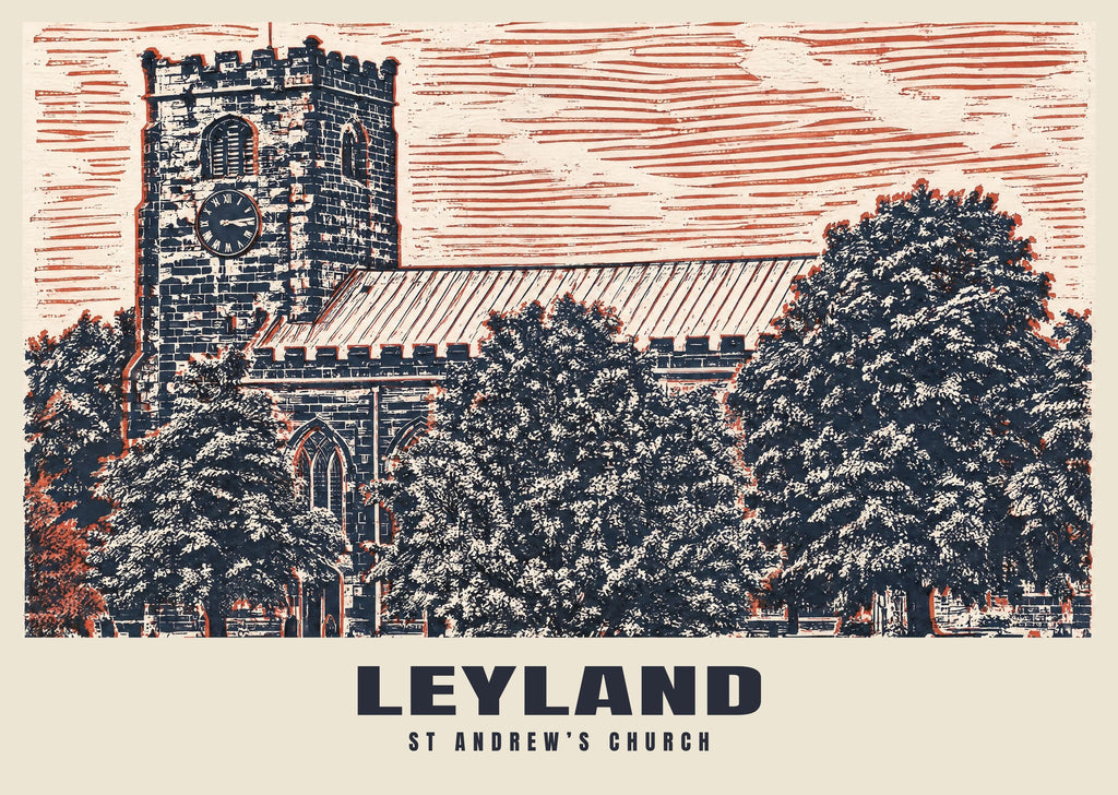 St Andrew’s Church, Leyland poster, Linocut style