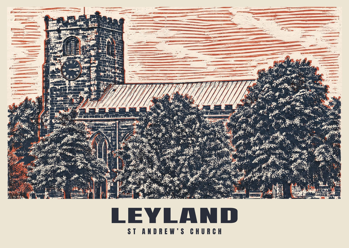 St Andrew’s Church, Leyland poster, Linocut style