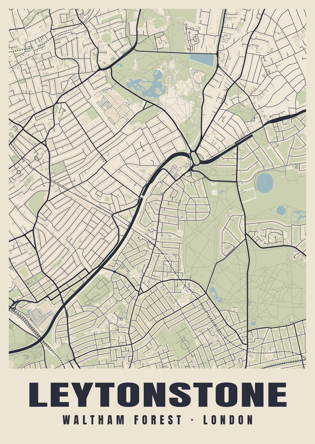 Heritage street map poster of Leytonstone, Waltham Forest, London