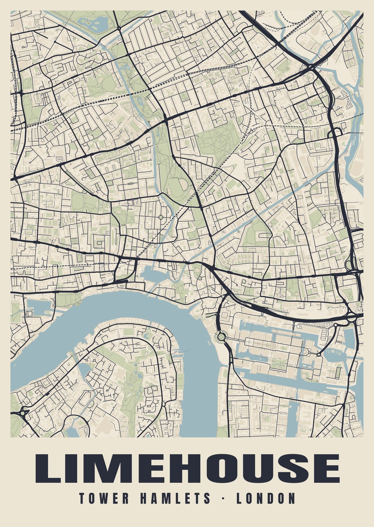 Heritage street map poster of Limehouse, Tower Hamlets, London