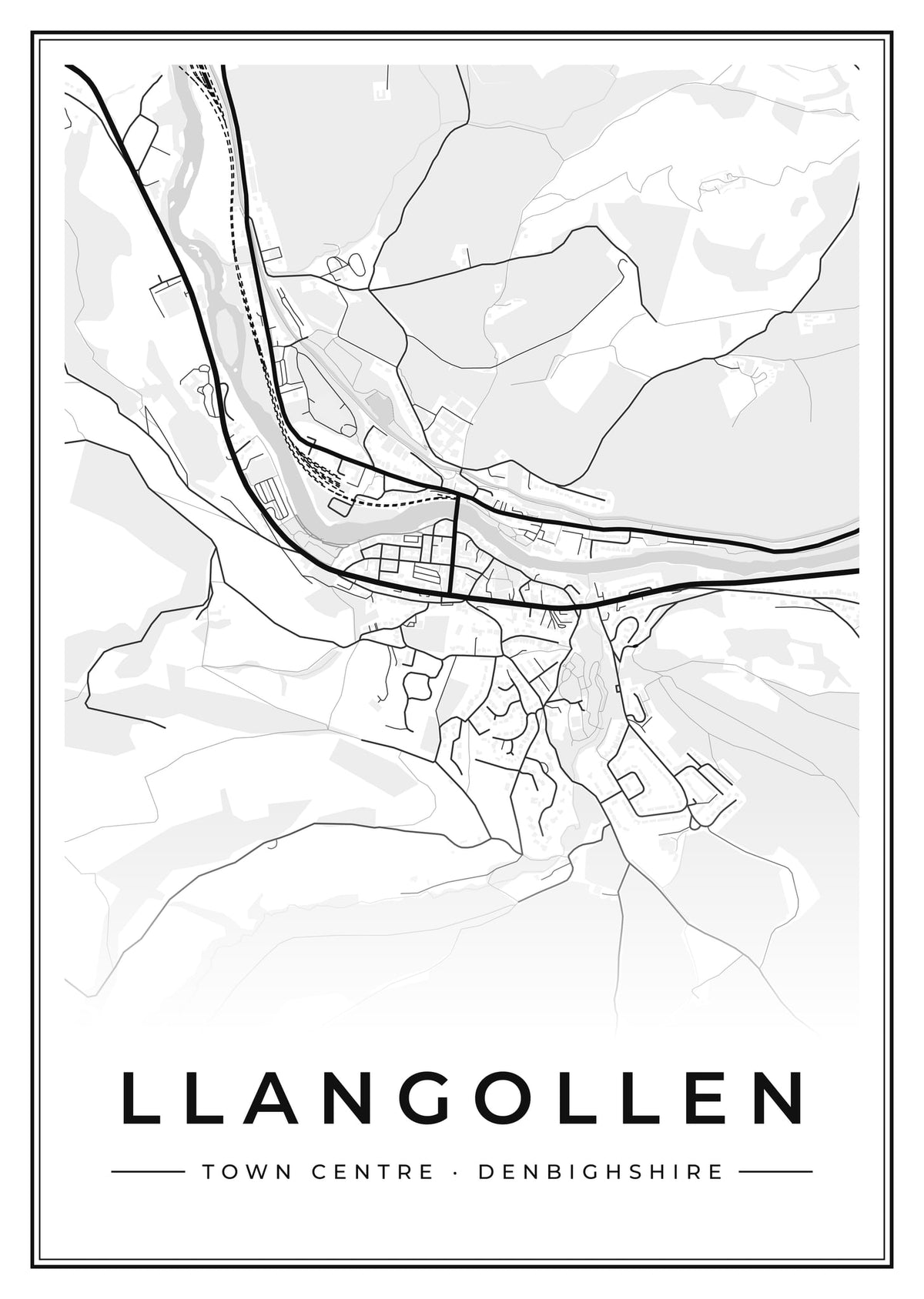 Street map poster of Llangollen town centre, Denbighshire