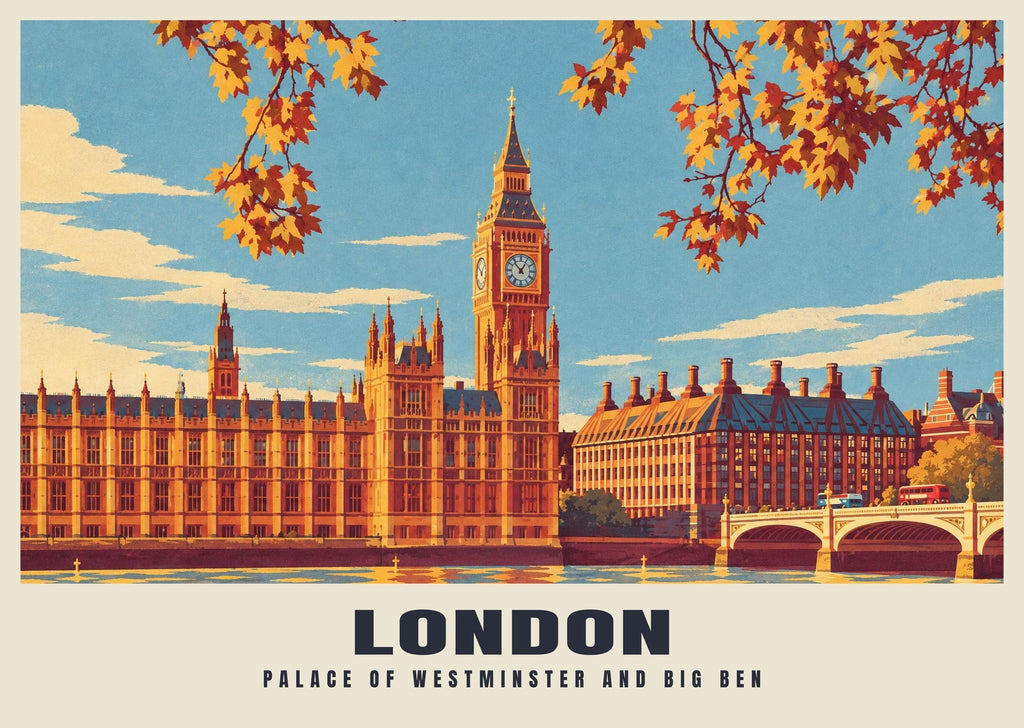 Palace of Westminster and Big Ben, London poster, Retro Railway style