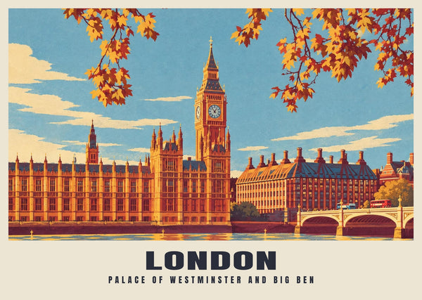 Palace of Westminster and Big Ben, London Retro Railway Poster