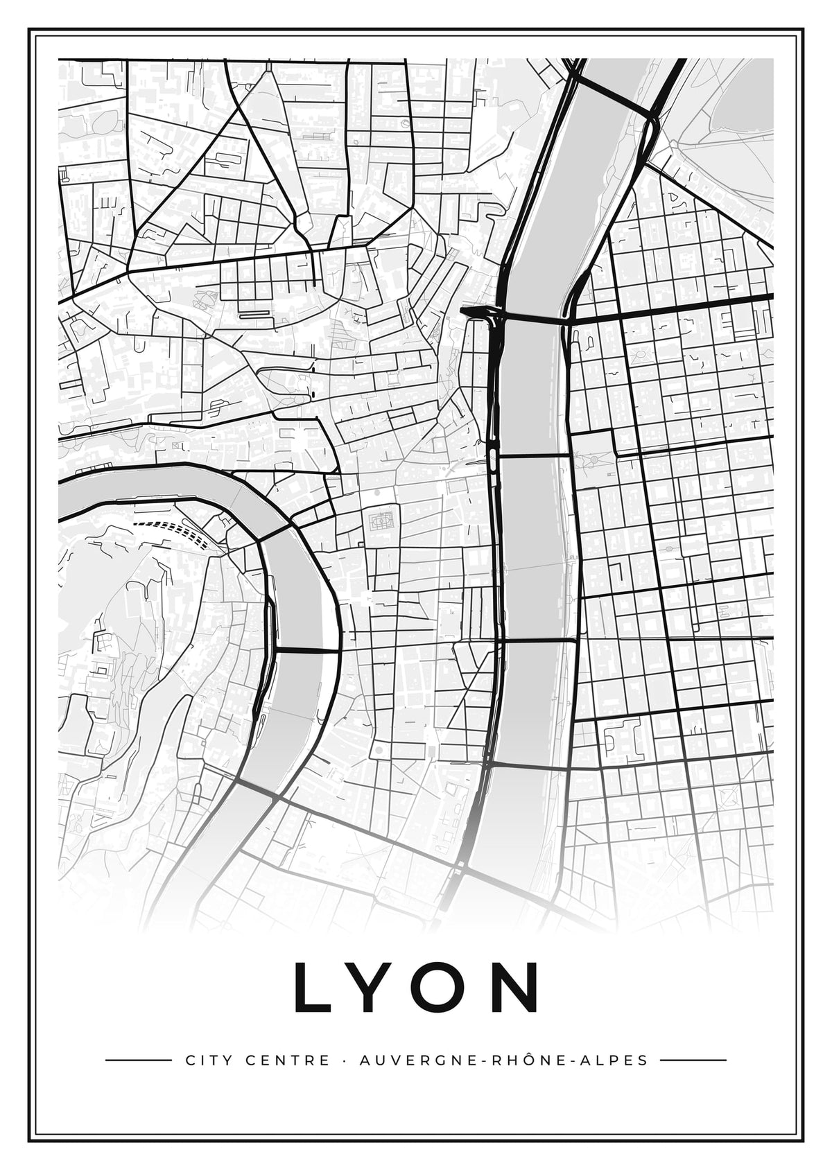 Street map poster of Lyon city centre, Auvergne-Rhône-Alpes