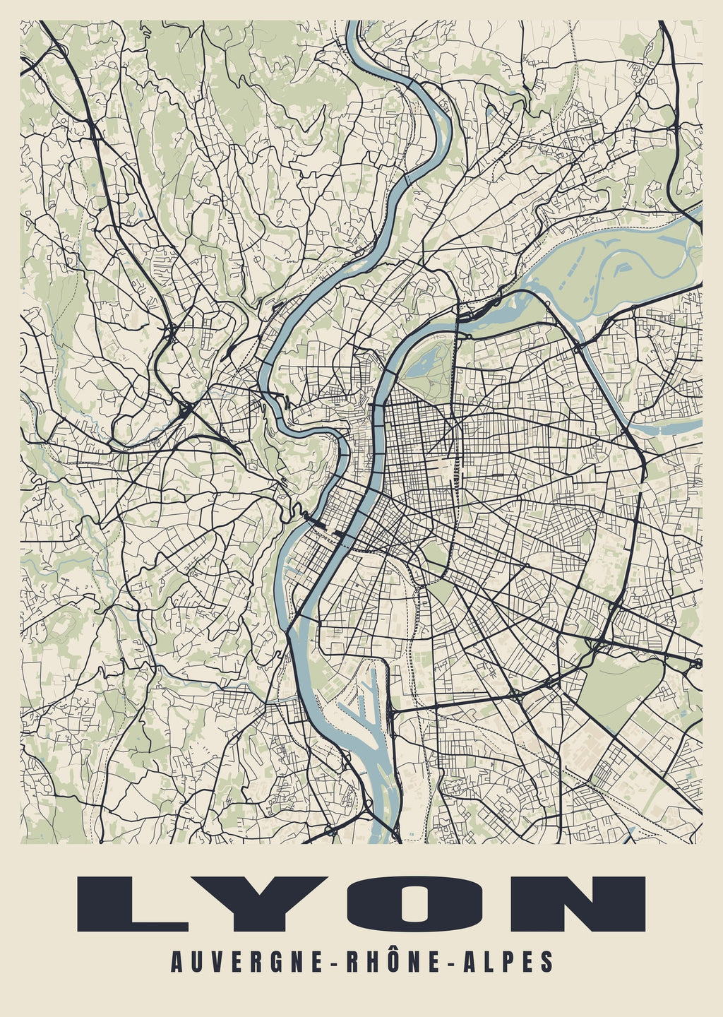 Street map poster of Lyon, Auvergne-Rhône-Alpes