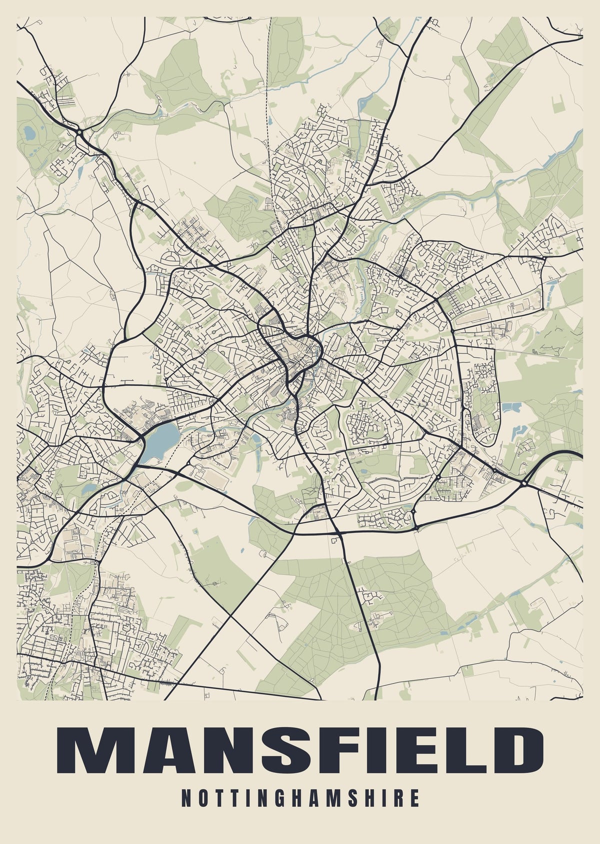Street map poster of Mansfield, Nottinghamshire