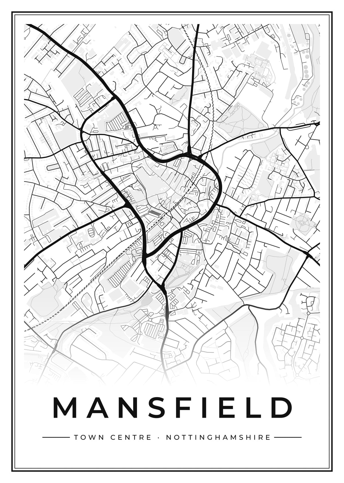 Street map poster of Mansfield town centre, Nottinghamshire