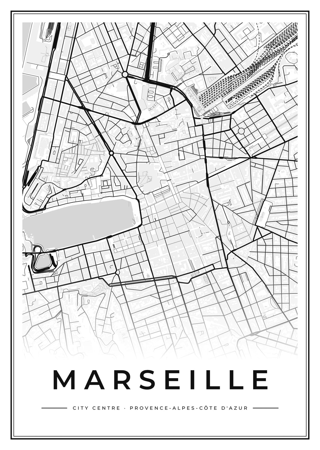 Street map poster of Marseille city centre, Provence-Alpes-Côte d'Azur