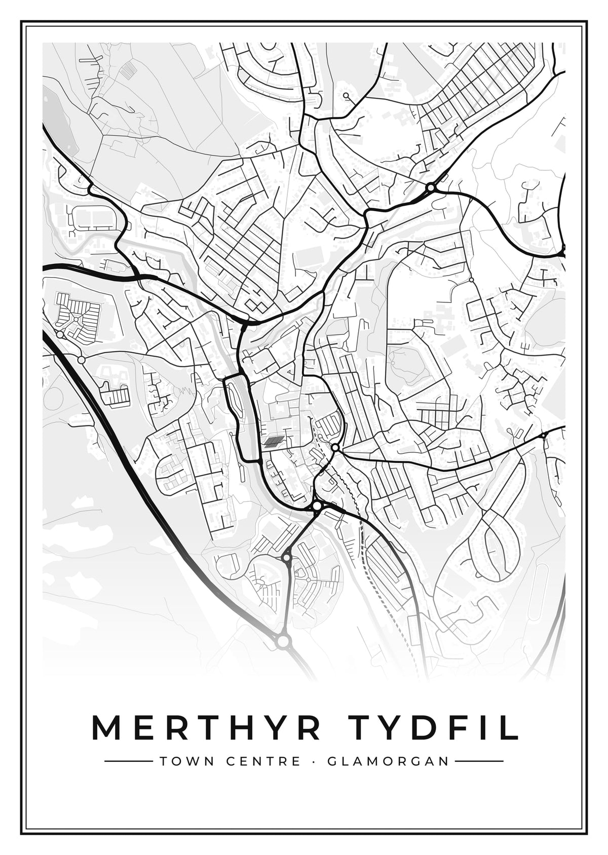 Street map poster of Merthyr Tydfil town centre, Glamorgan