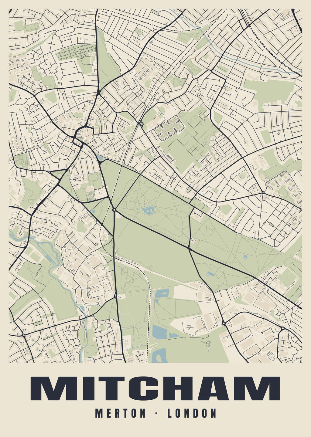 Heritage street map poster of Mitcham, Merton, London
