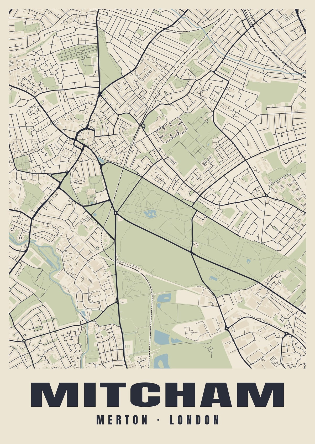 Heritage street map poster of Mitcham, Merton, London