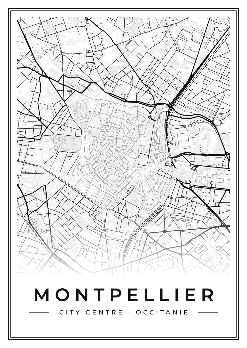 Street map poster of Montpellier city centre, Occitanie