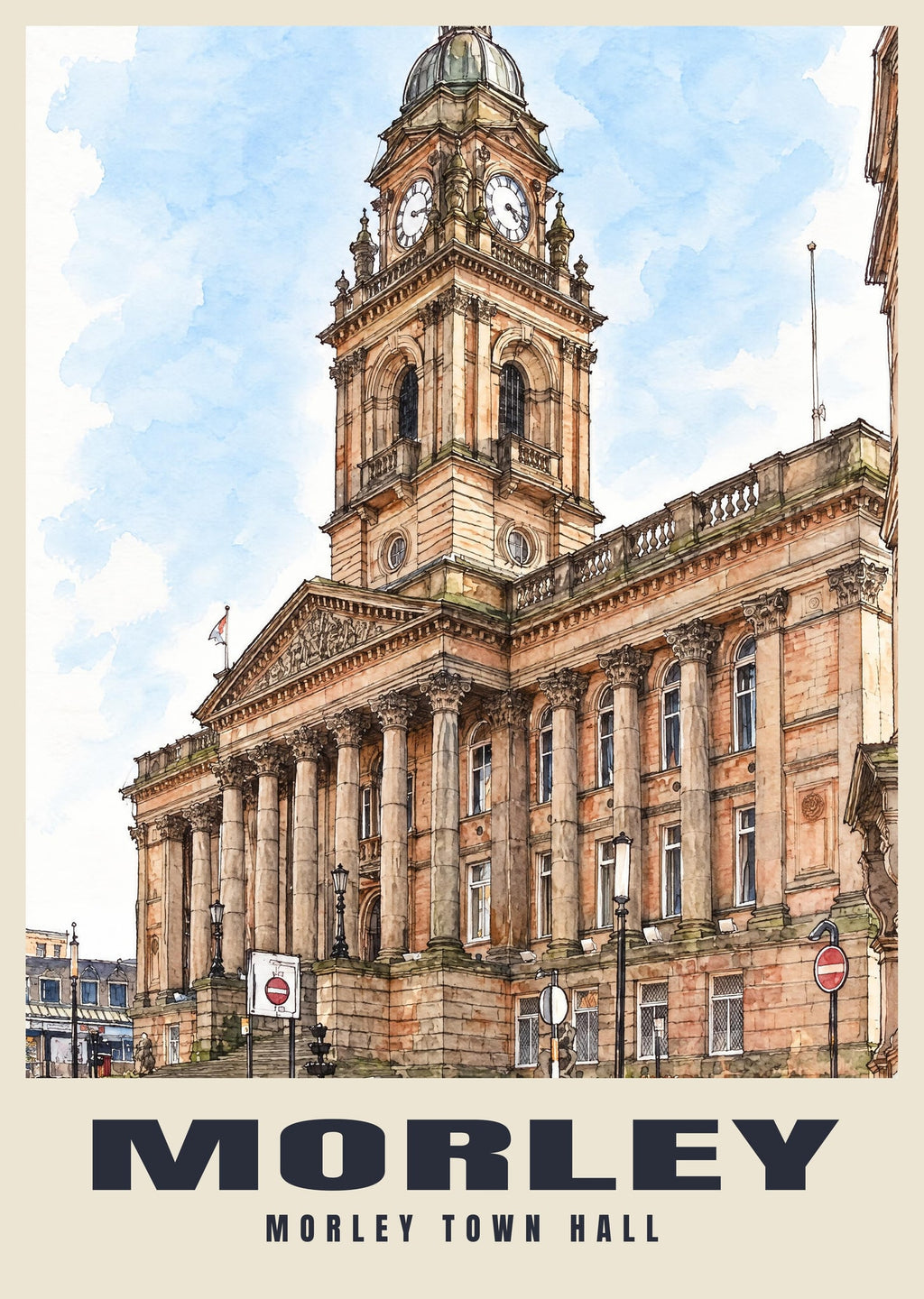 Morley Town Hall poster, Ink & Wash style