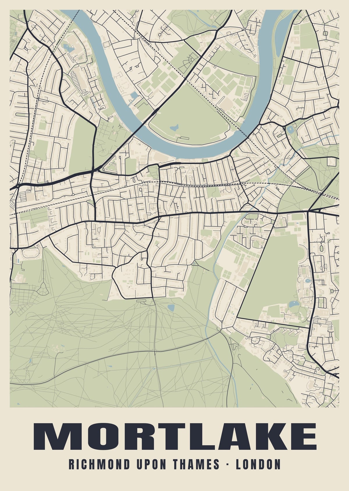 Heritage street map poster of Mortlake, Richmond upon Thames, London