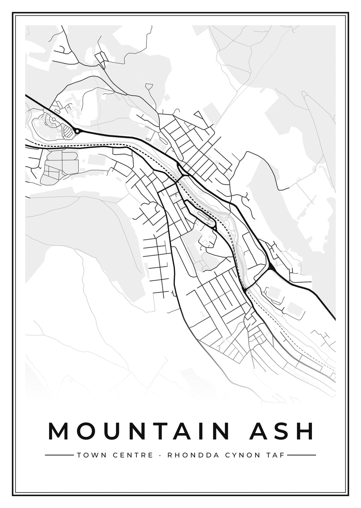 Street map poster of Mountain Ash town centre, Rhondda Cynon Taf