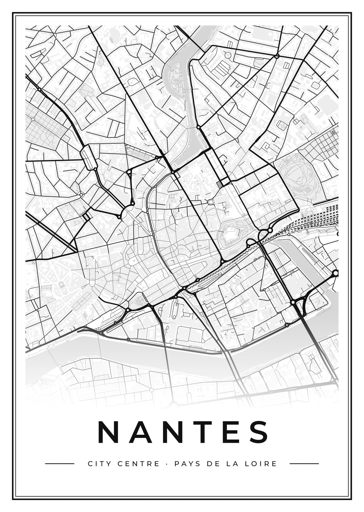 Street map poster of Nantes city centre, Pays de la Loire
