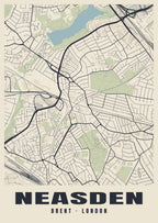Heritage street map poster of Neasden, Brent, London