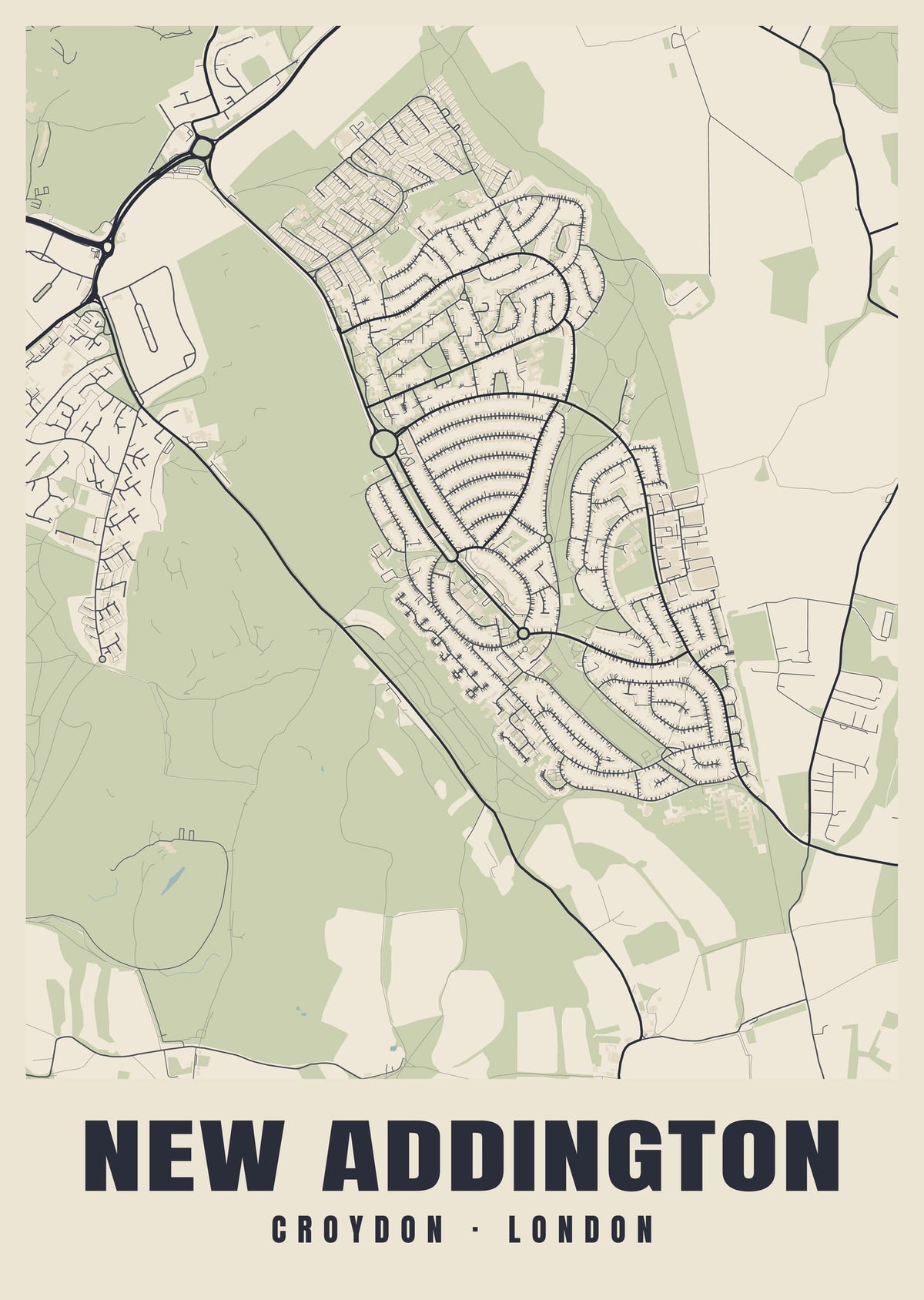 Heritage street map poster of New Addington, Croydon, London
