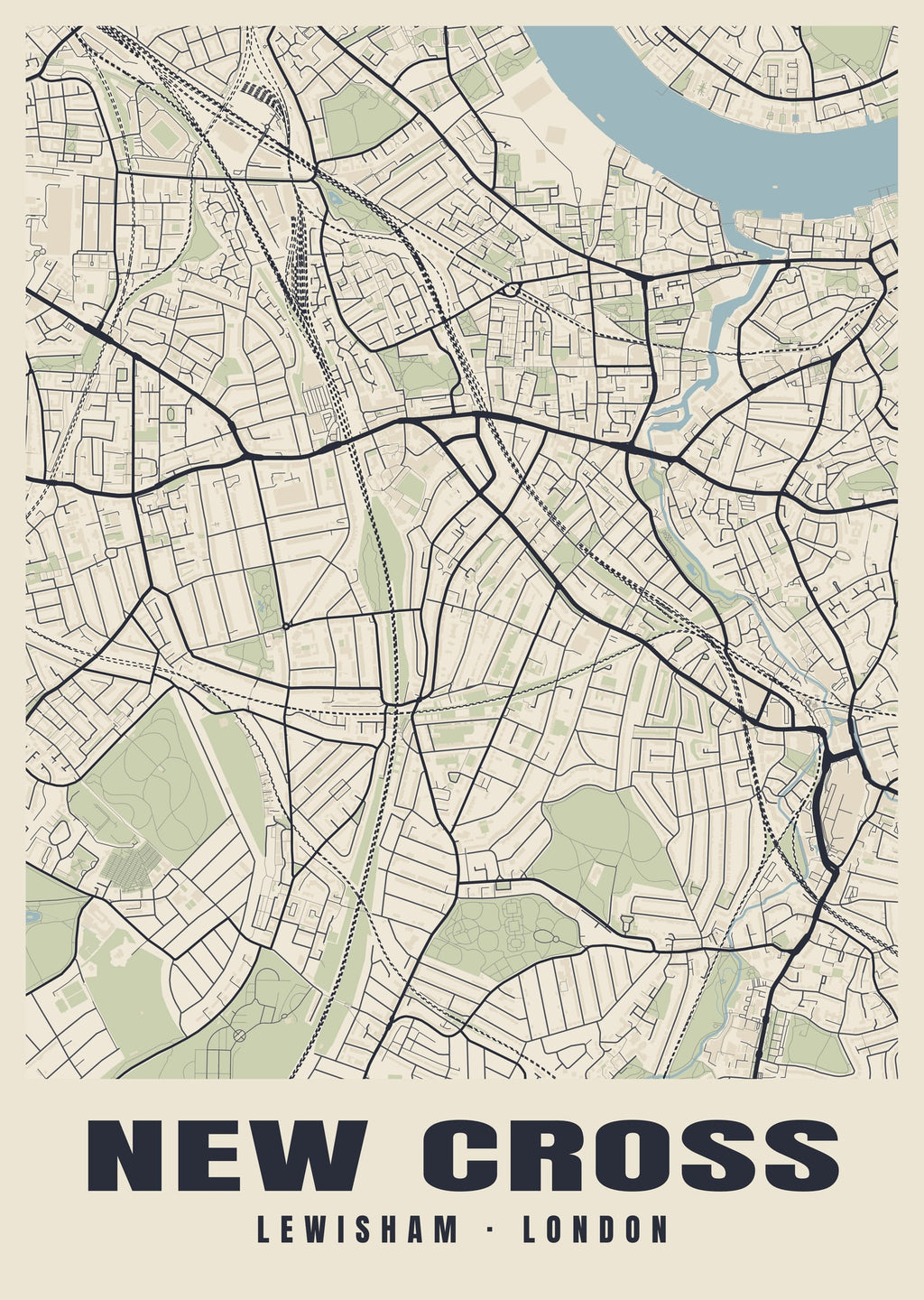 Heritage street map poster of New Cross, Lewisham, London