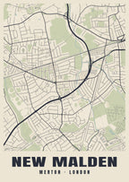 Heritage street map poster of New Malden, Merton, London