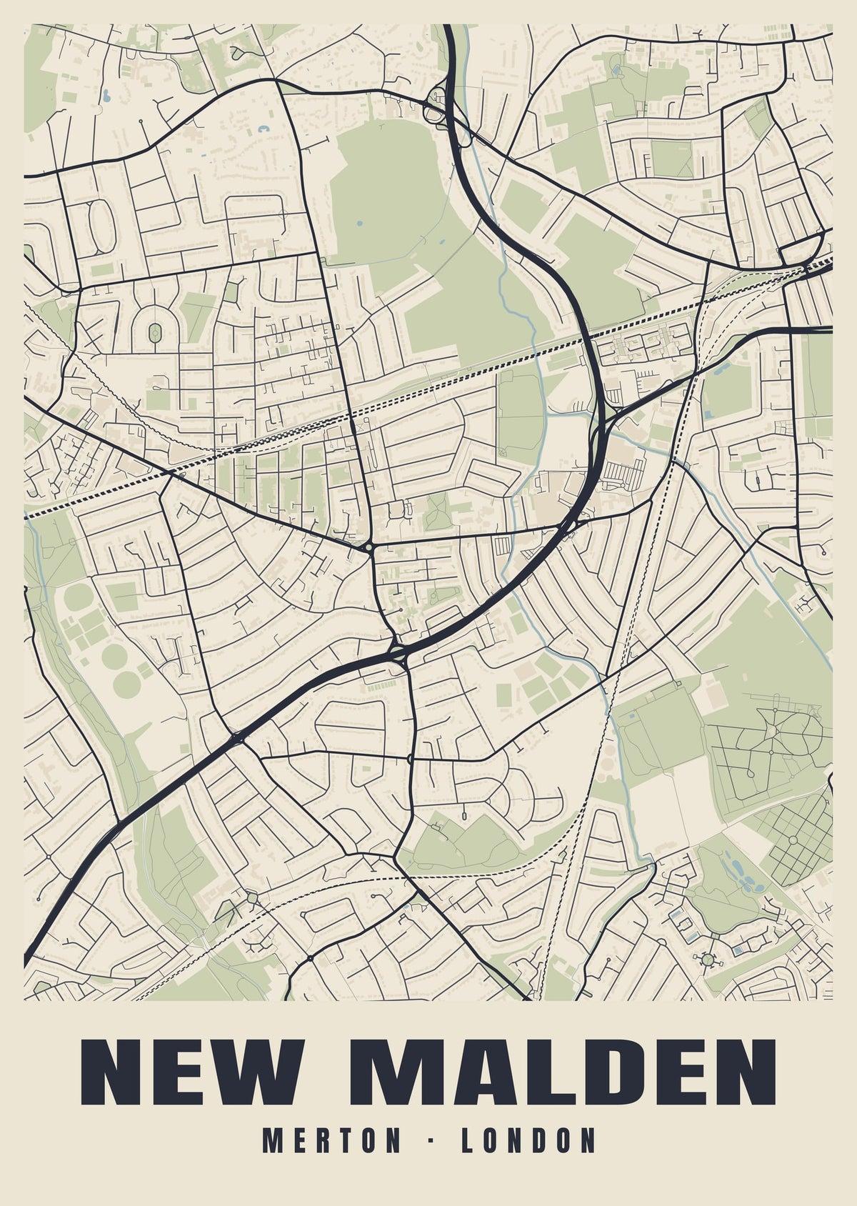 Heritage street map poster of New Malden, Merton, London