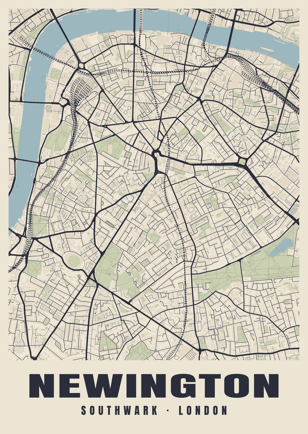 Heritage street map poster of Newington, Southwark, London