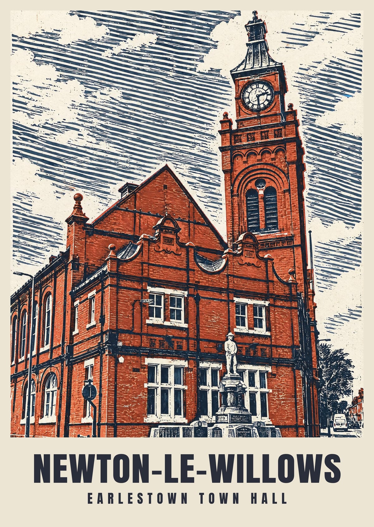 Earlestown Town Hall, Newton-le-Willows poster, Linocut style