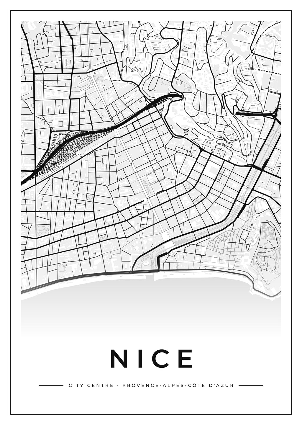 Street map poster of Nice city centre, Provence-Alpes-Côte d'Azur
