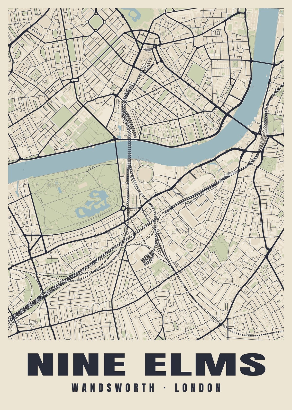 Heritage street map poster of Nine Elms, Wandsworth, London