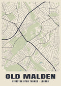 Heritage street map poster of Old Malden, Kingston upon Thames, London