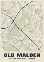 Heritage street map poster of Old Malden, Kingston upon Thames, London