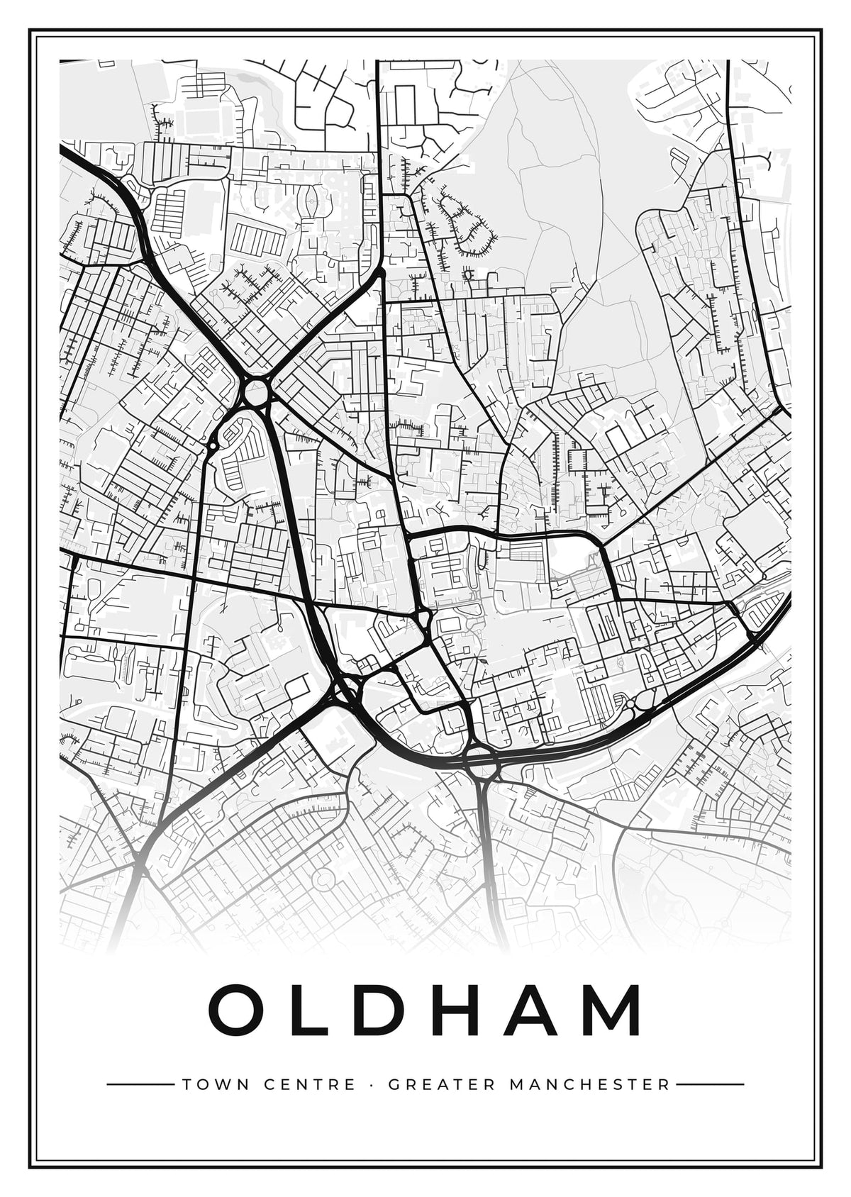 Street map poster of Oldham town centre, Greater Manchester