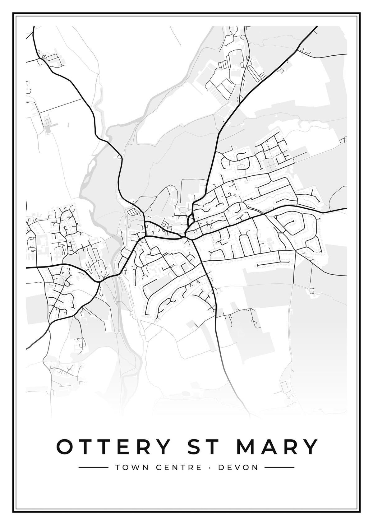 Street map poster of Ottery St Mary town centre, Devon
