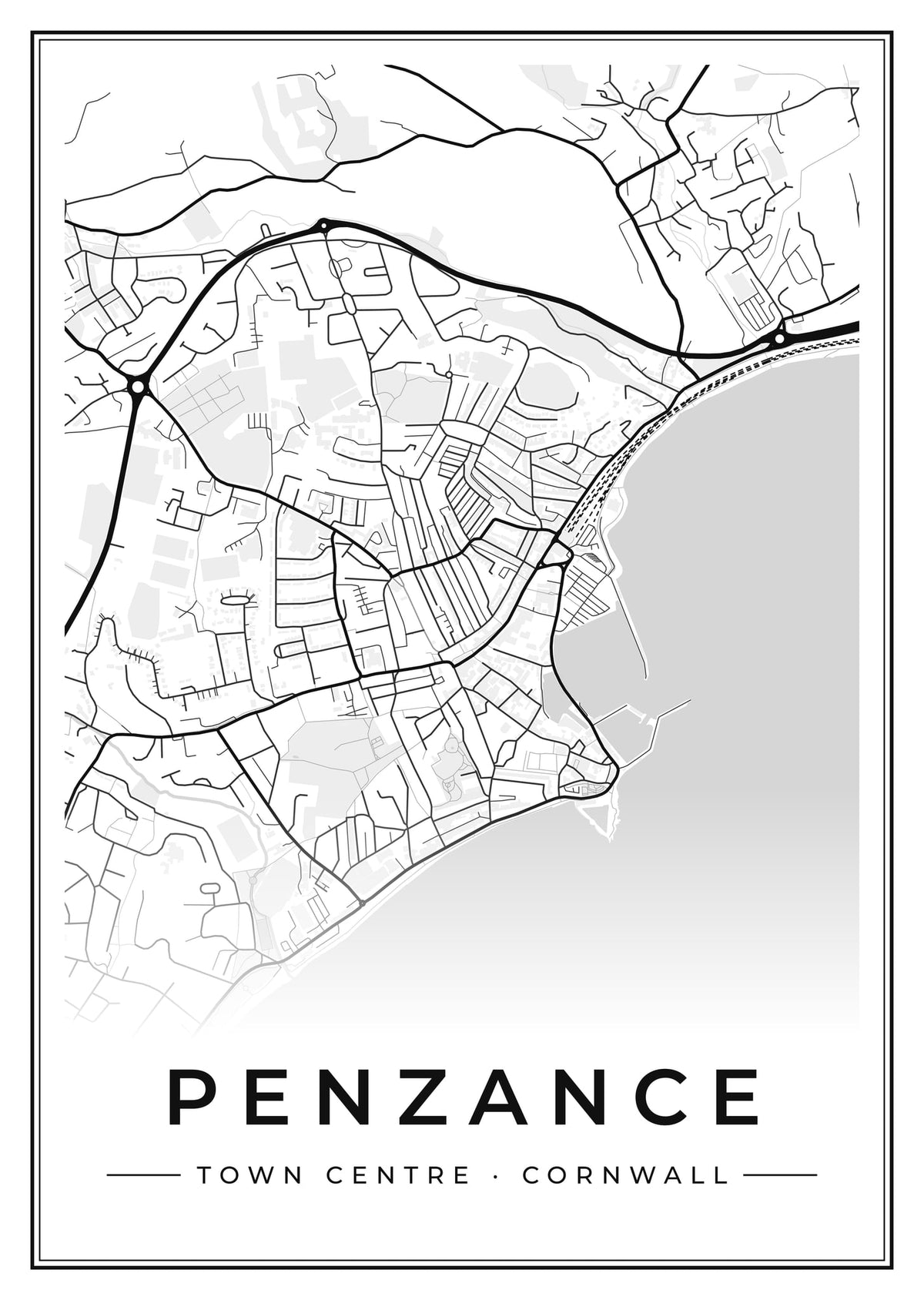 Street map poster of Penzance town centre, Cornwall
