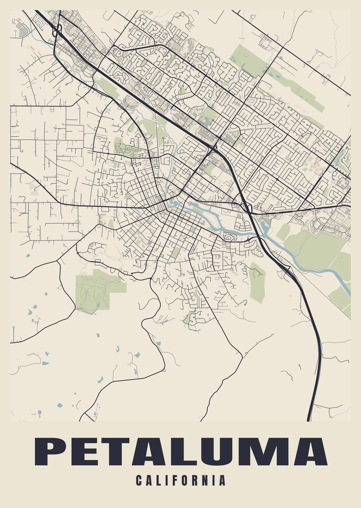 Street map poster of Petaluma, California