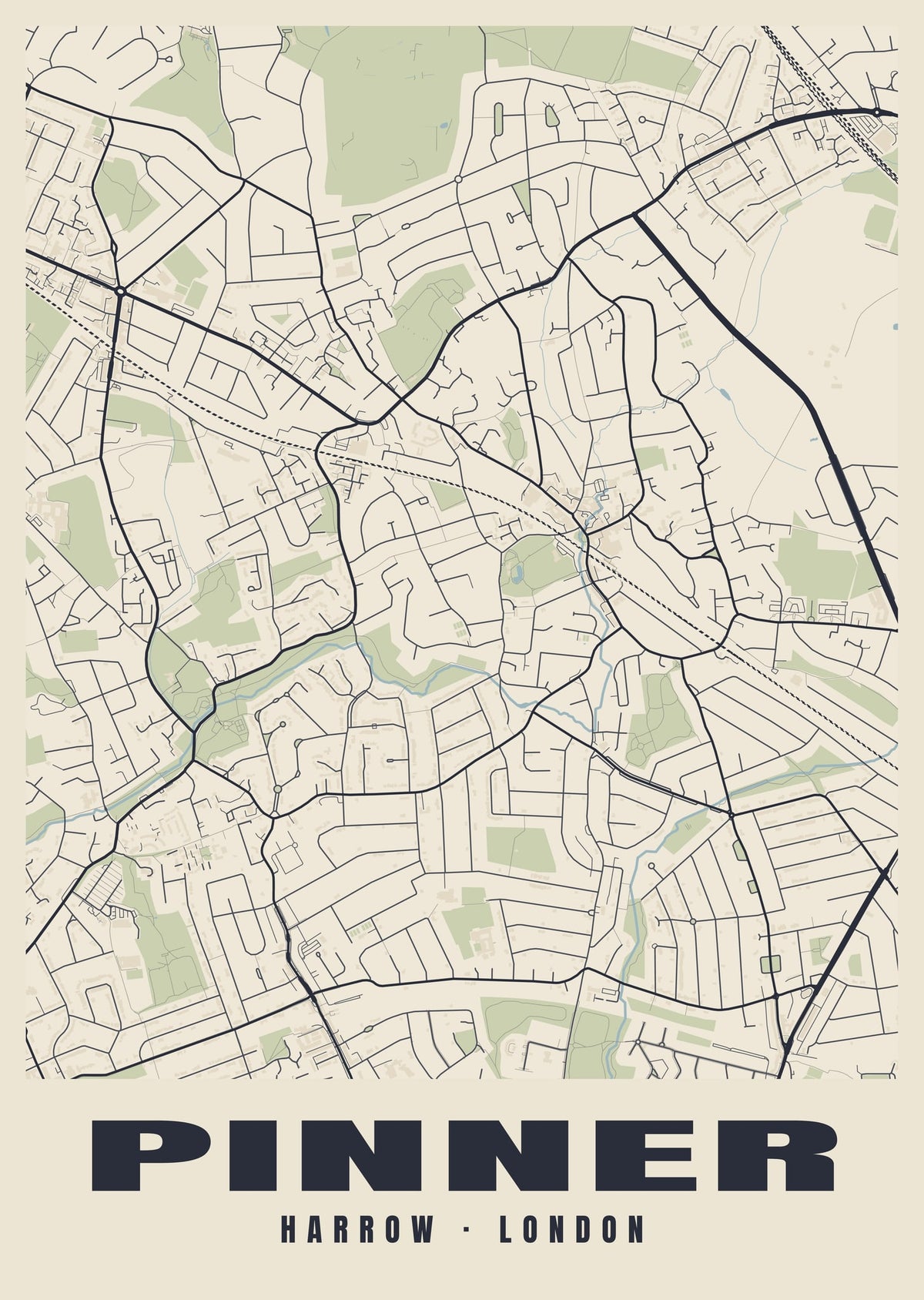 Heritage street map poster of Pinner, Harrow, London