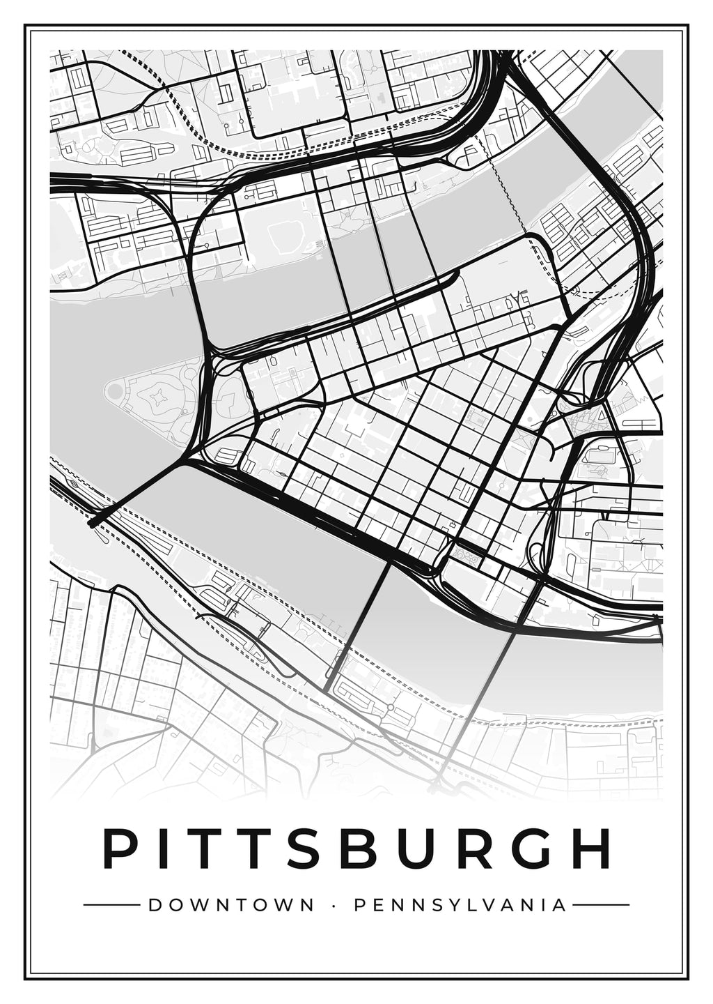Street map poster of downtown Pittsburgh, Pennsylvania