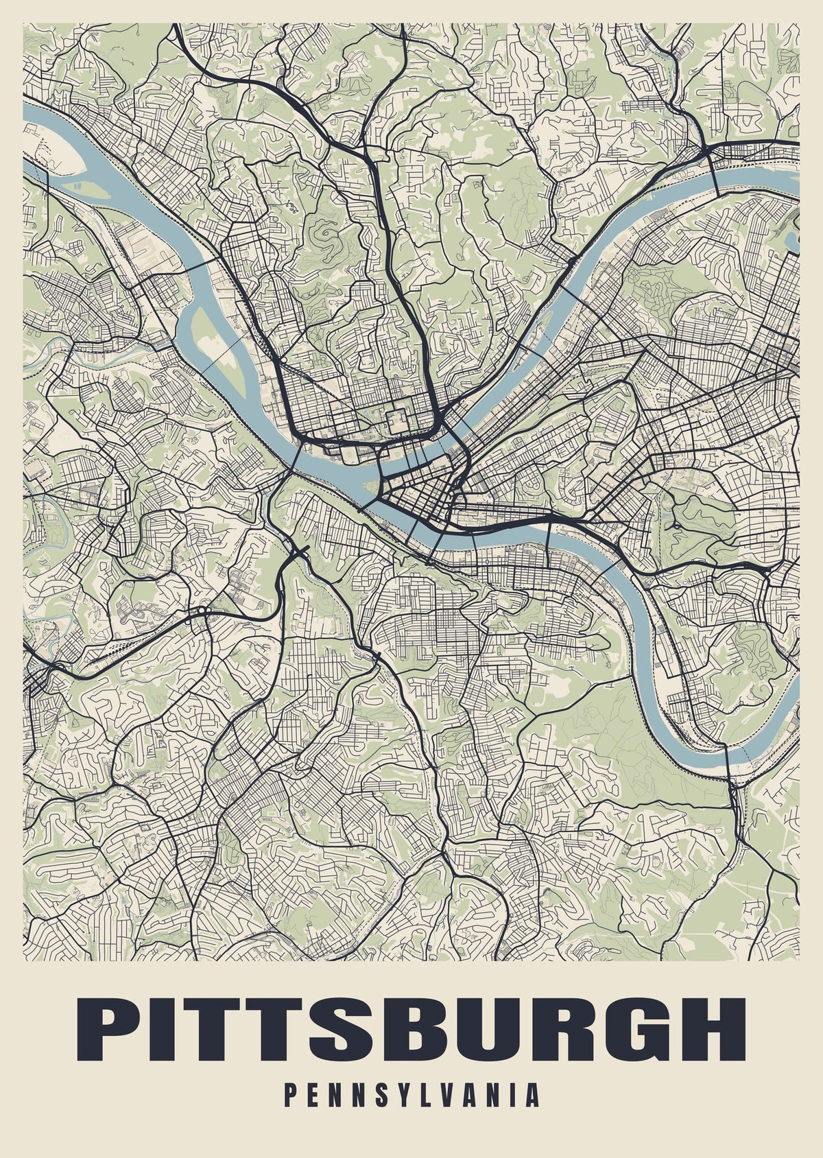 Street map poster of Pittsburgh, Pennsylvania