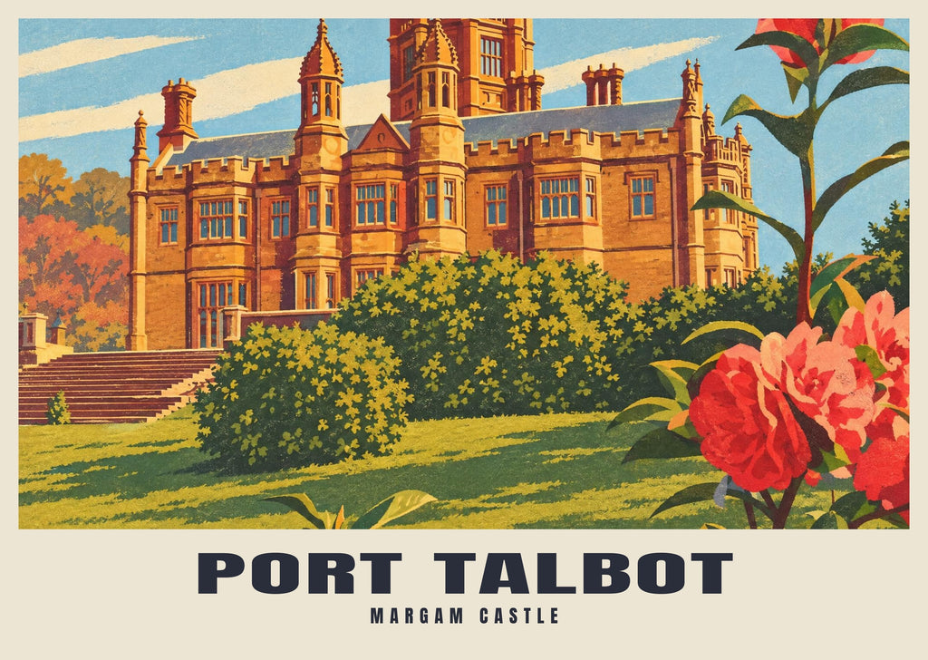 Margam Castle, Port Talbot poster, Retro Railway style