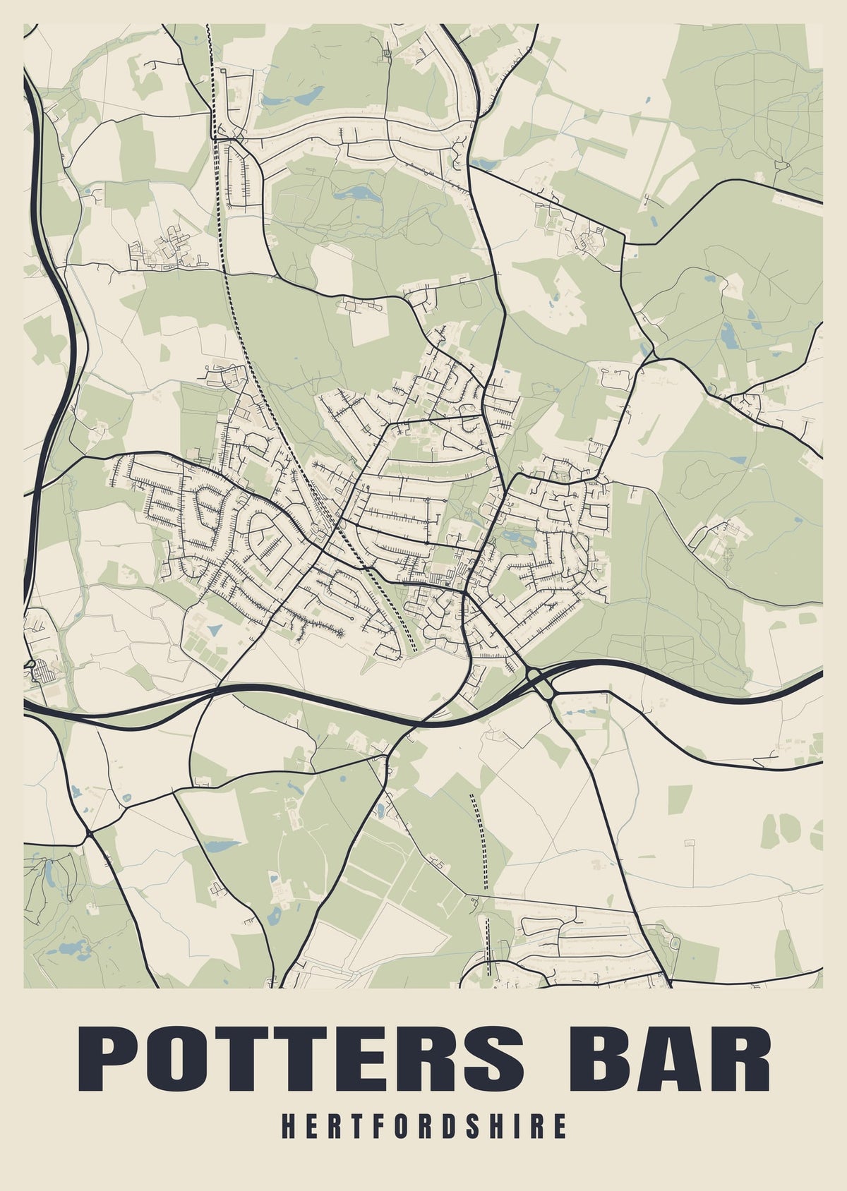Street map poster of Potters Bar, Hertfordshire