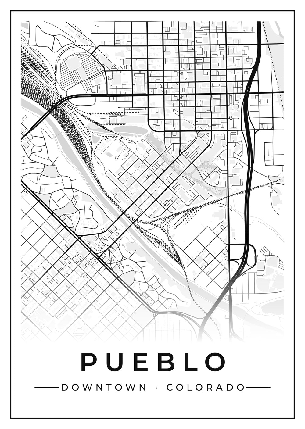 Pueblo Downtown Street Map Poster