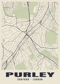 Heritage street map poster of Purley, Croydon, London