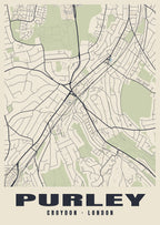 Heritage street map poster of Purley, Croydon, London