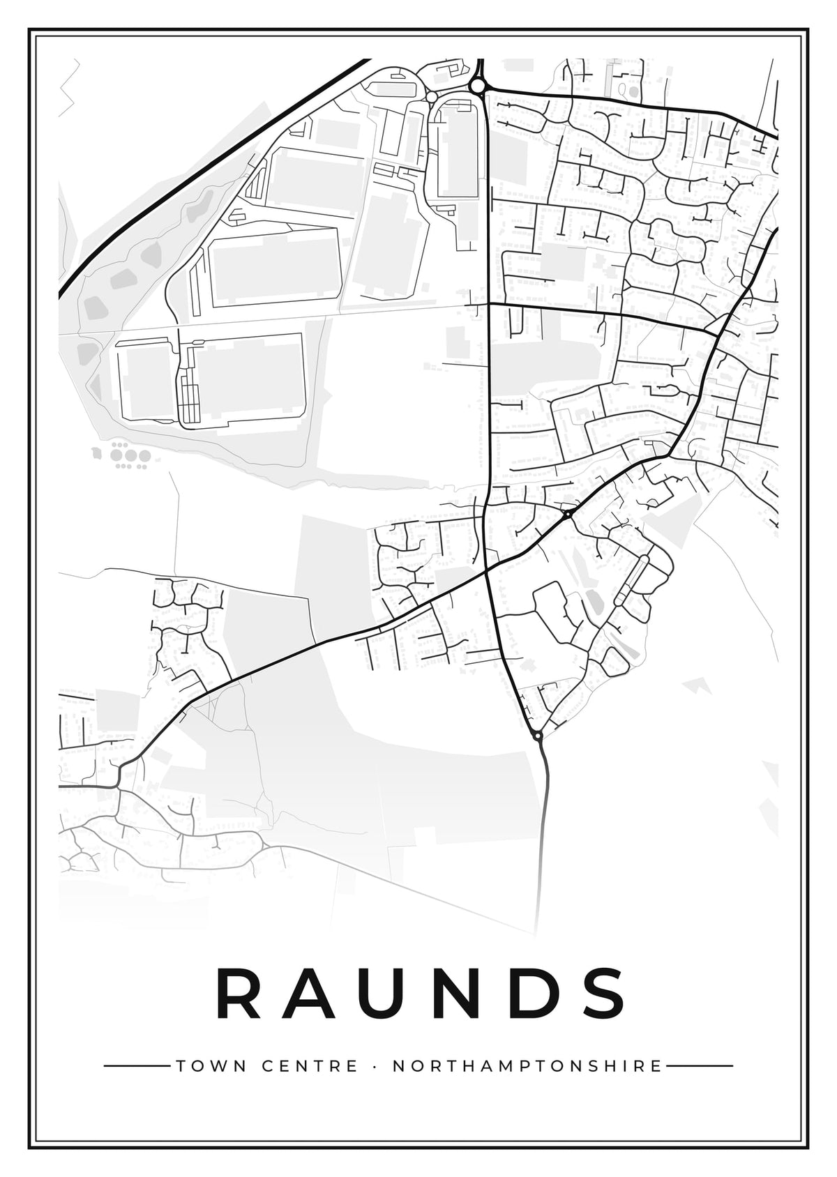 Street map poster of Raunds town centre, Northamptonshire