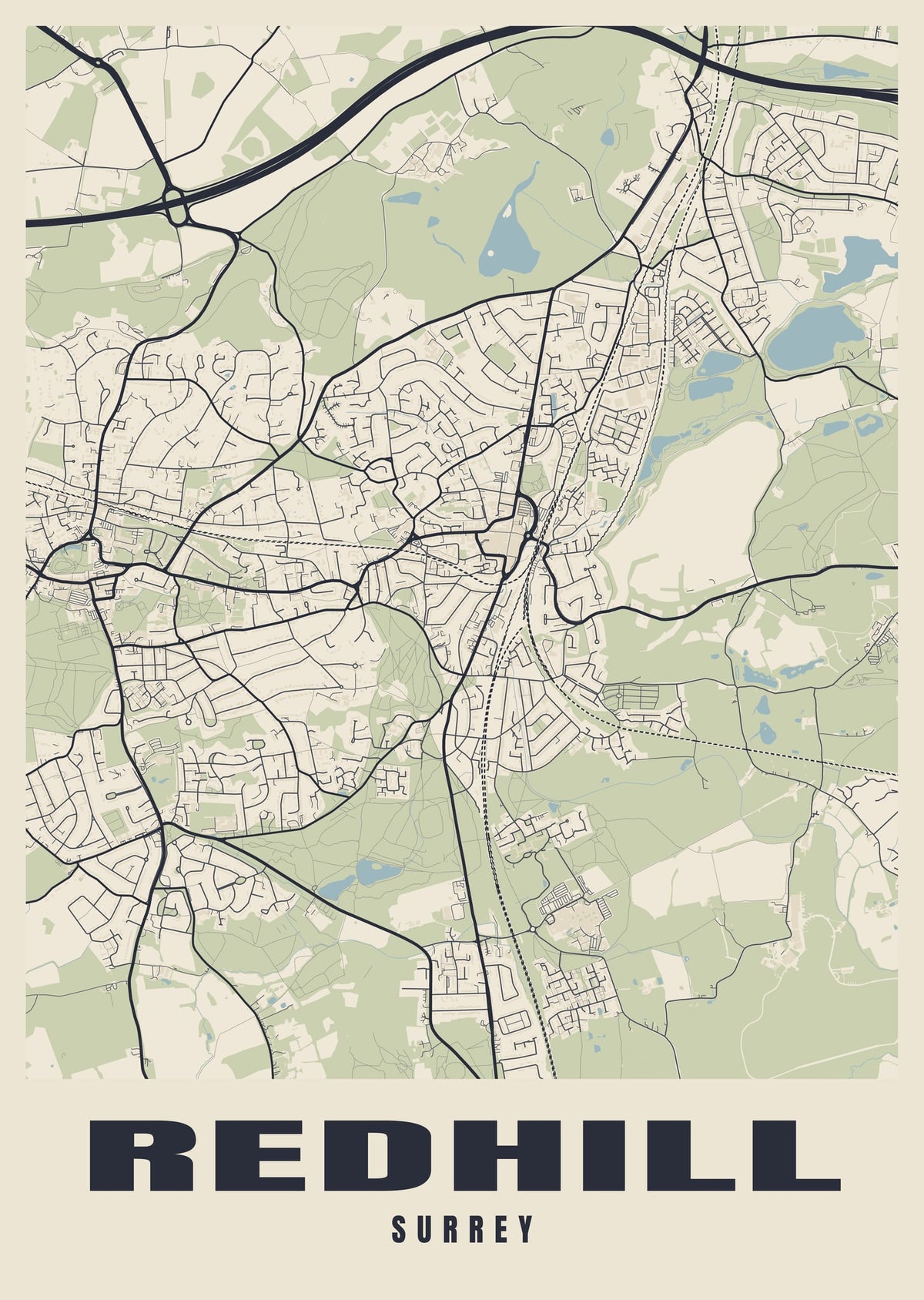 Street map poster of Redhill, Surrey