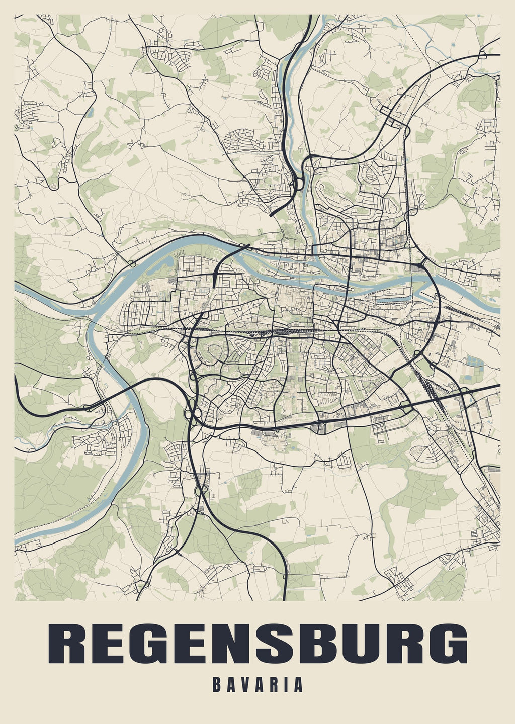 Street map poster of Regensburg, Bavaria